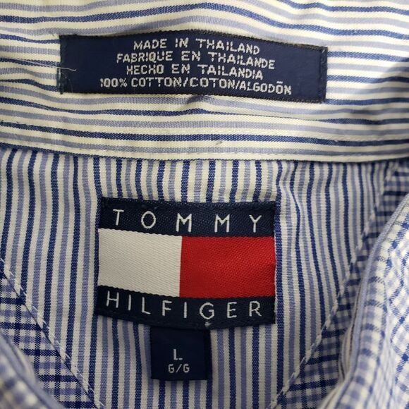 Tommy Hilfiger Mens Shirt Large Button Long Sleeve Plaid Blue Cotton Logo Pocket - Picture 6 of 11